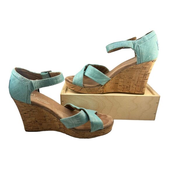 Toms Platform Wedge Turquoise Iridescent Cork Wedge Sandals shoes sz 8.5W - Picture 5 of 9